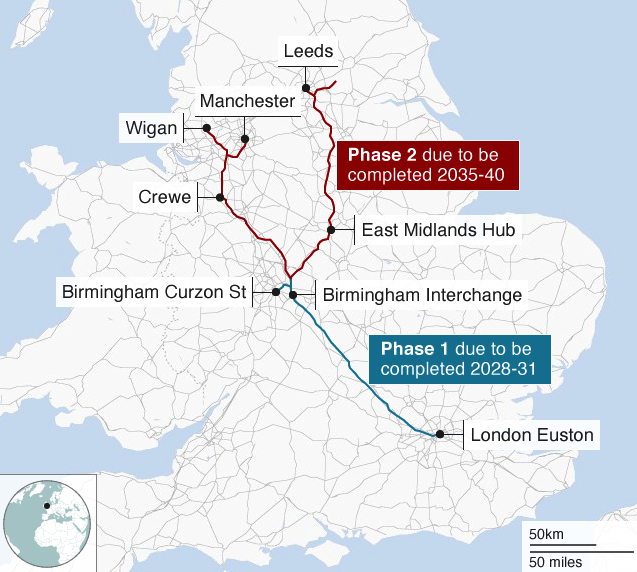 Mapa com a rota do HS2